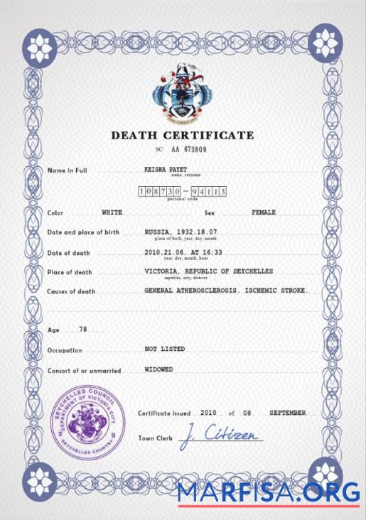 Blank Seychelles vital record death certificate PSD template